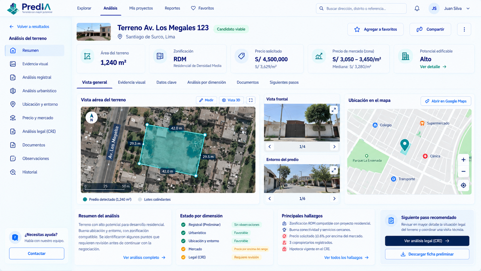 Ficha de análisis de un terreno en PredIA
